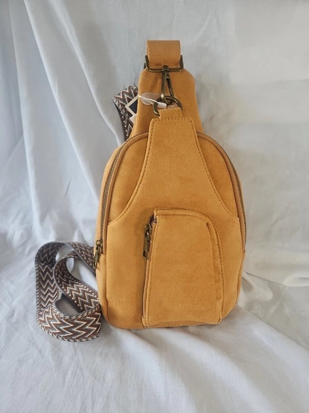 ahdorned Vegan Suede Mustard Yellow Crossbody Sling Bag with Tapestry Strap-NWT